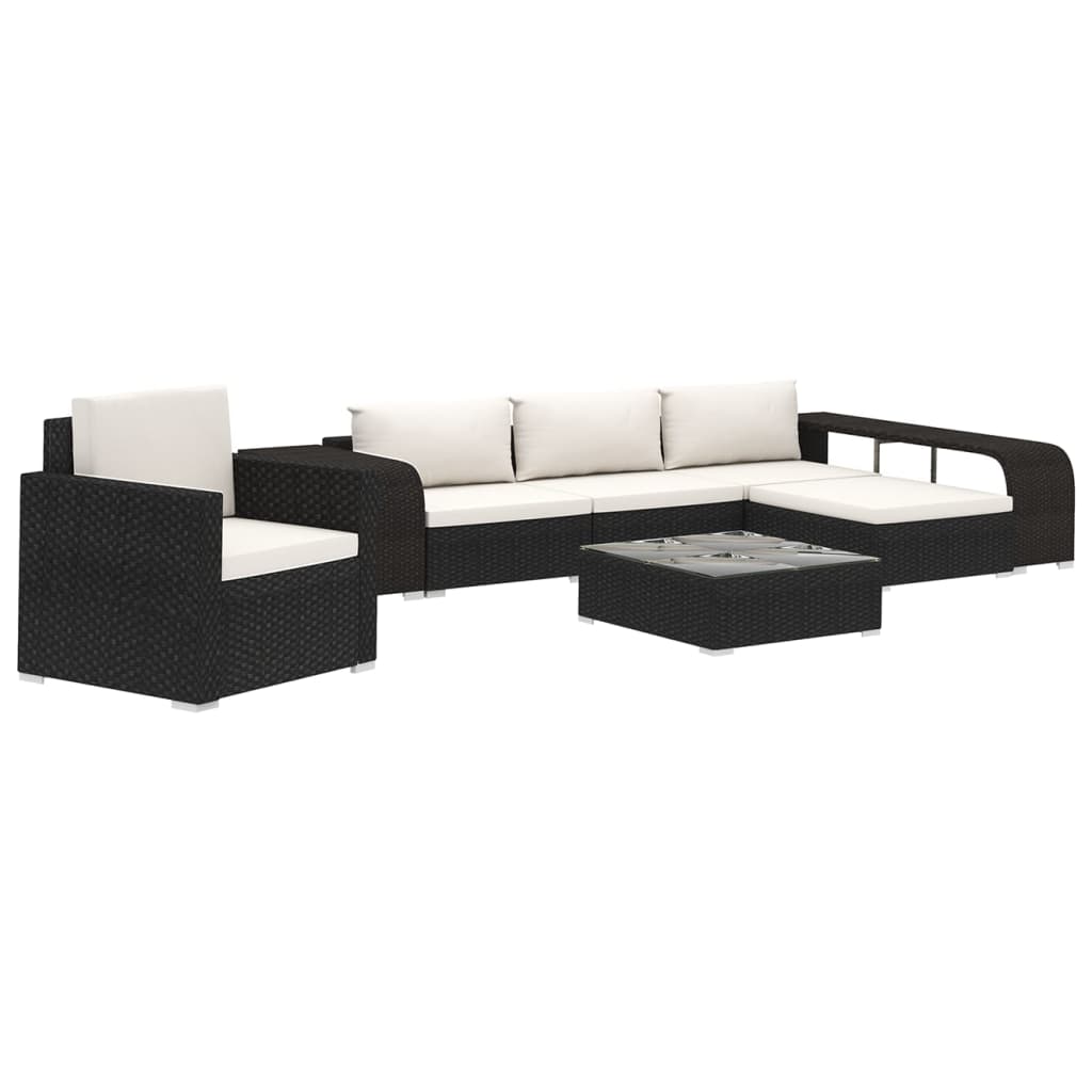 8-delige Loungeset met kussens poly rattan zwart