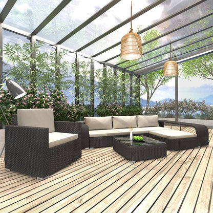 8-delige Loungeset met kussens poly rattan zwart