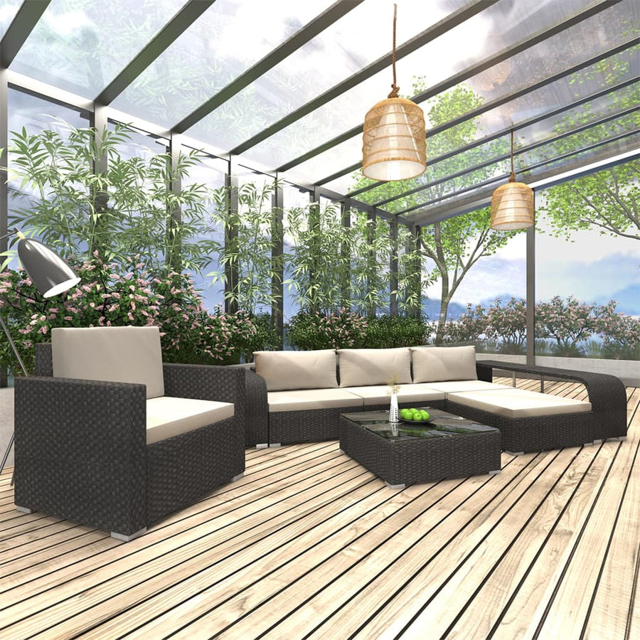 8-delige Loungeset met kussens poly rattan zwart