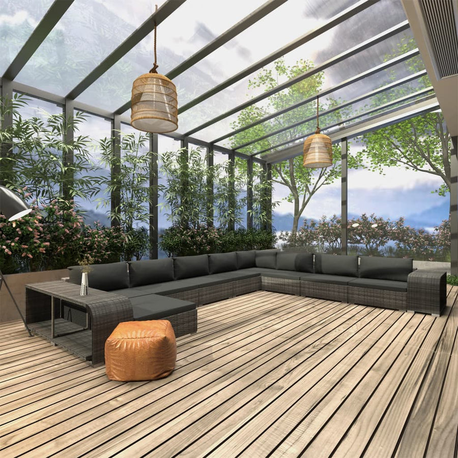 11-delige Loungeset met kussens poly rattan grijs