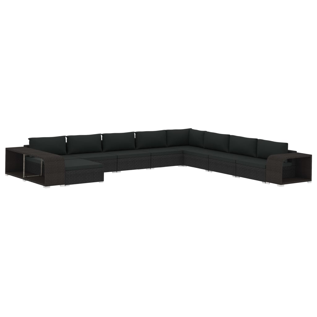11-delige Loungeset met kussens poly rattan zwart