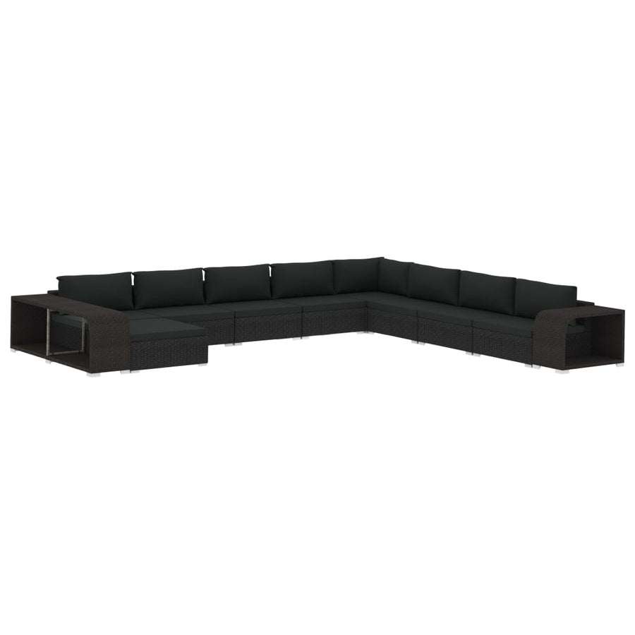 11-delige Loungeset met kussens poly rattan zwart