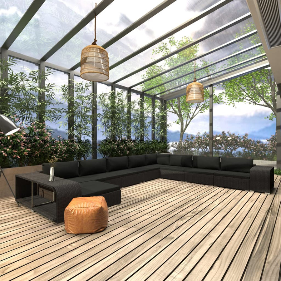 11-delige Loungeset met kussens poly rattan zwart