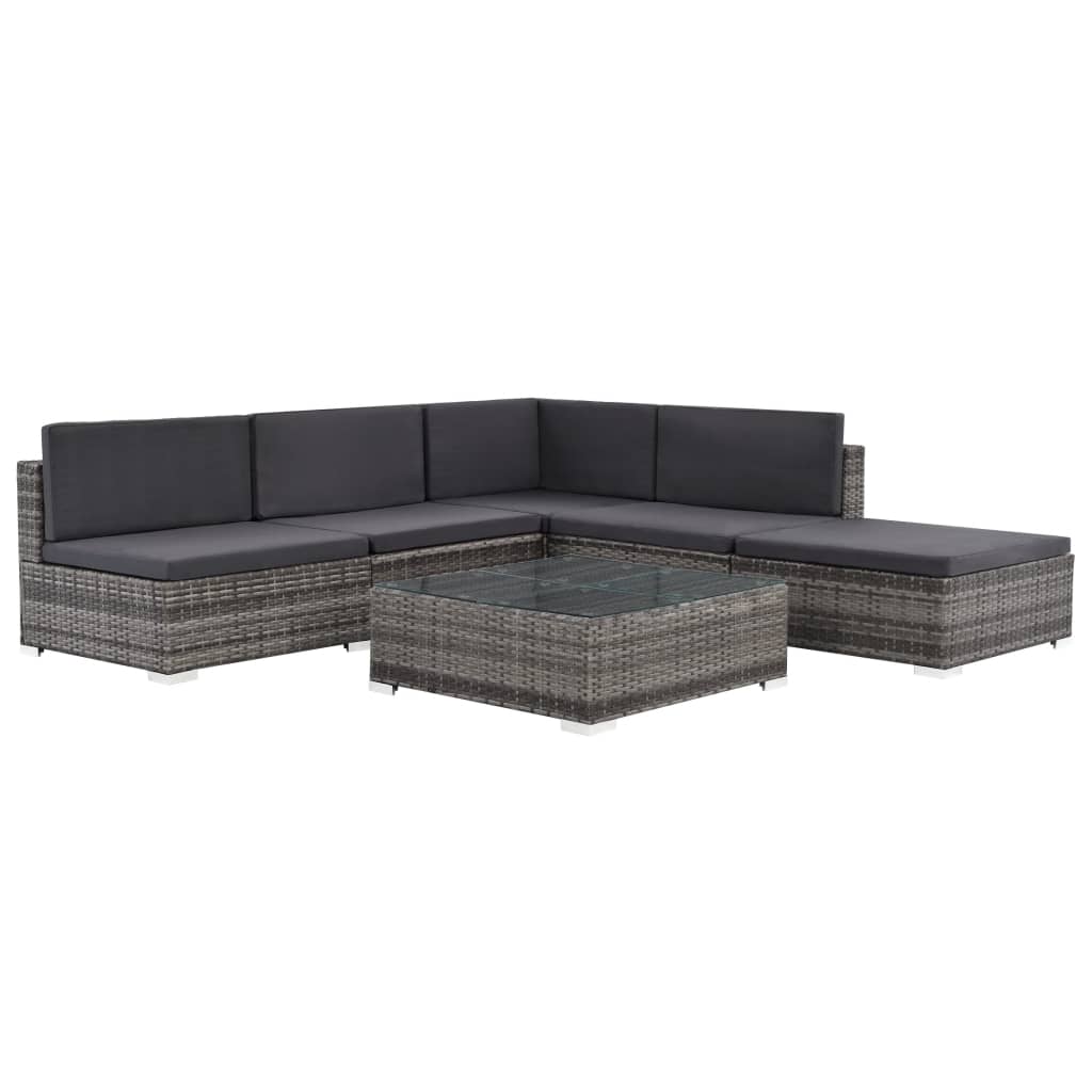 6-delige Loungeset met kussens poly rattan grijs