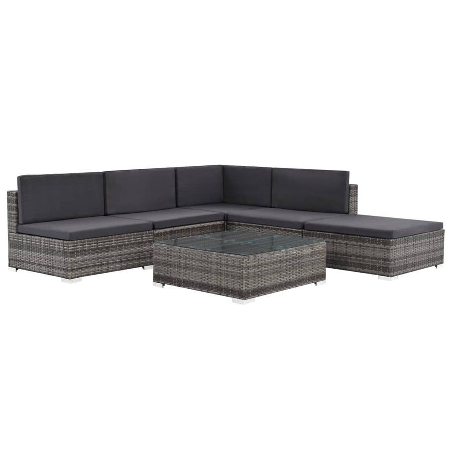 6-delige Loungeset met kussens poly rattan grijs