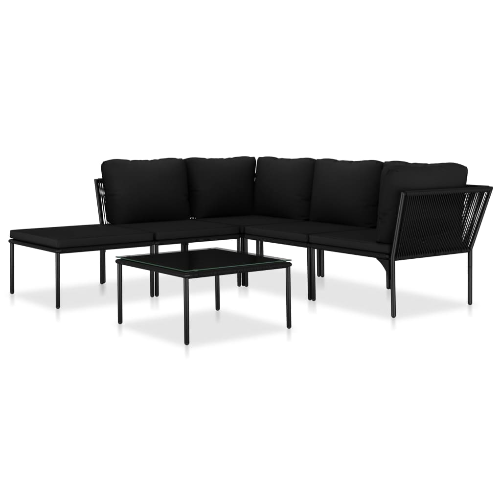 6-Delige Loungeset Met Kussens Pvc Zwart 2x hoek + 2x midden + voetensteun + Tafel