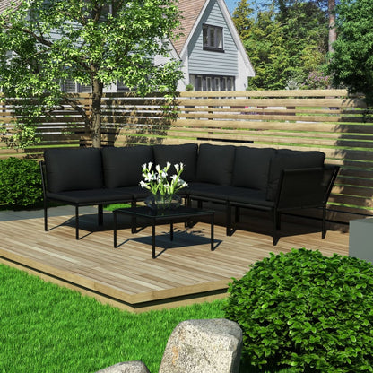 6-Delige Loungeset Met Kussens Pvc Zwart 2x hoek + 3x midden + Tafel
