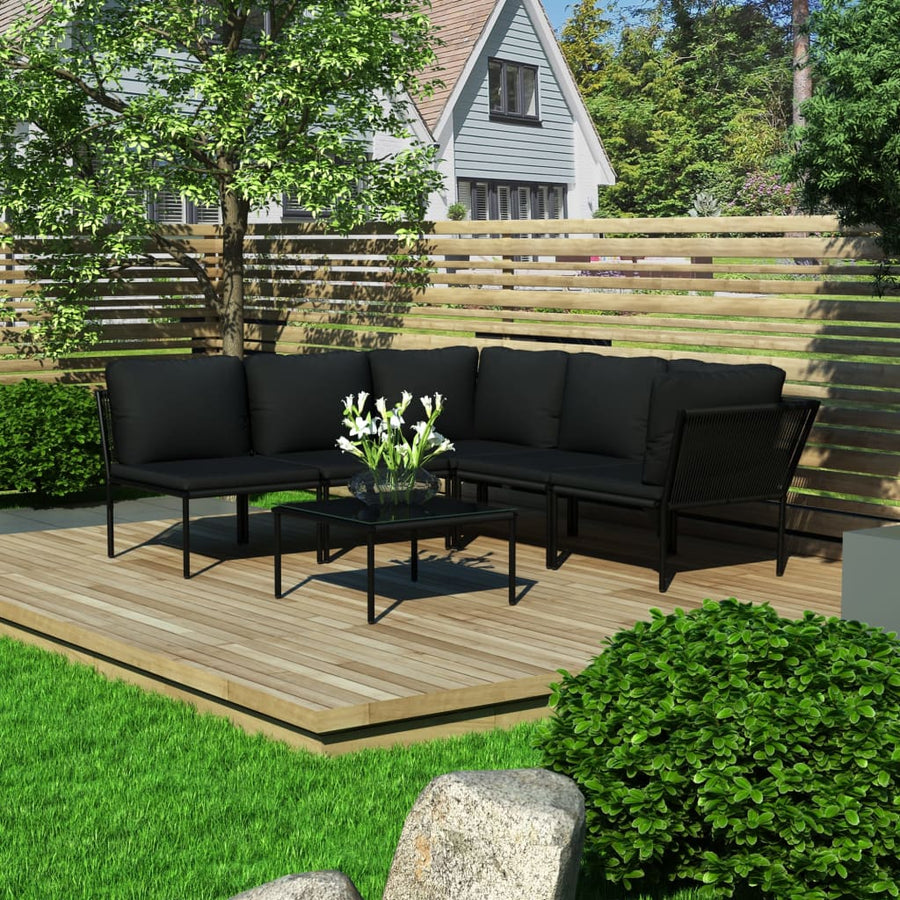 6-Delige Loungeset Met Kussens Pvc Zwart 2x hoek + 3x midden + Tafel