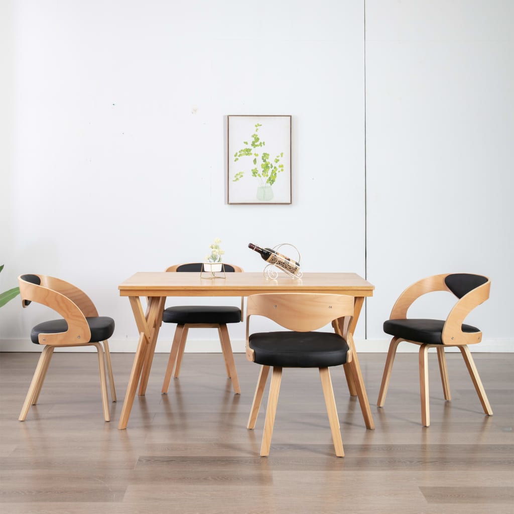 Eetkamerstoelen Gebogen Hout En Kunstleer 4 Zwart en lichtbruin