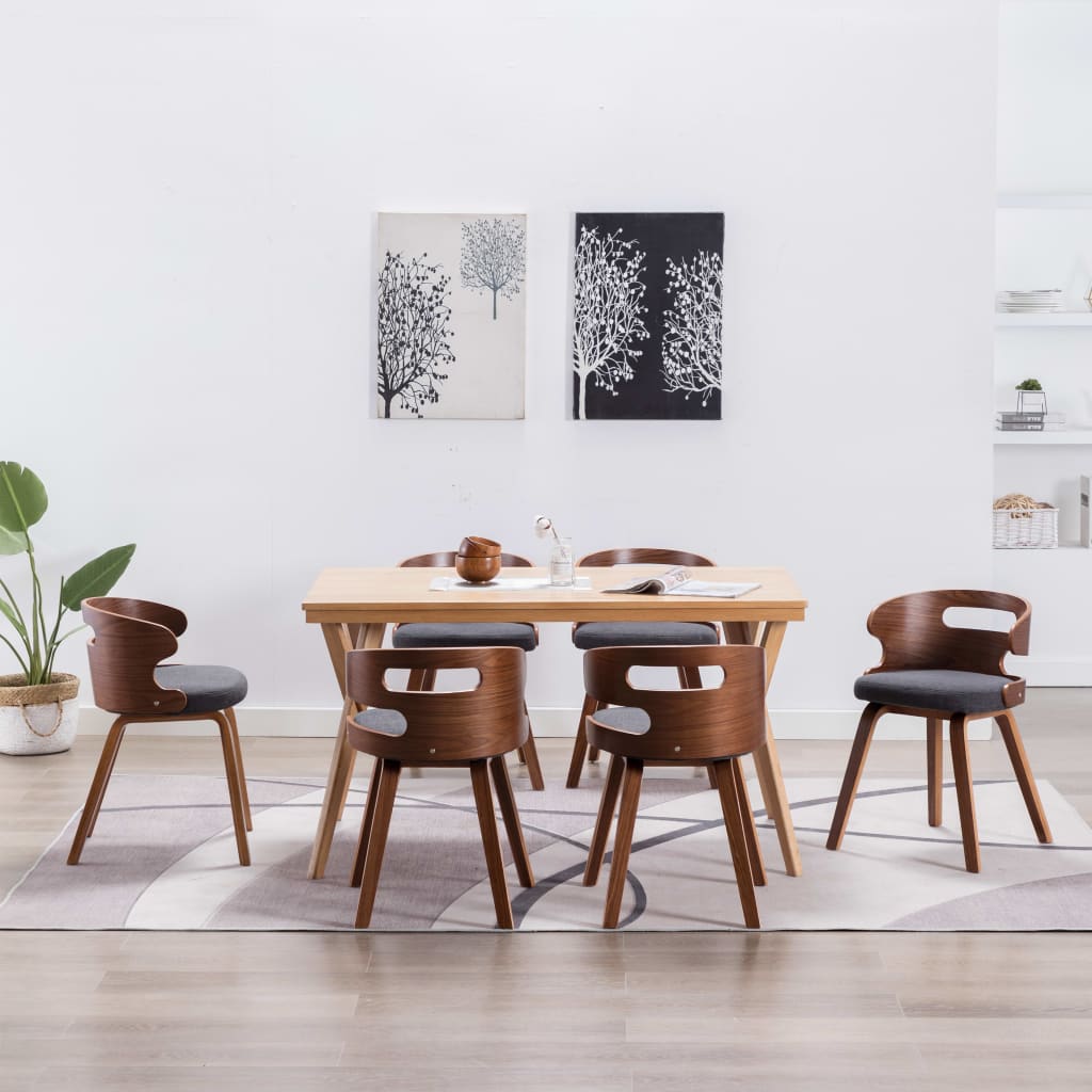 Eetkamerstoelen 6 St Gebogen Hout En Stof Donkergrijs Grijs en donkerbruin