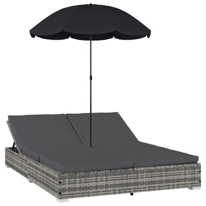 Loungebed met parasol poly rattan grijs