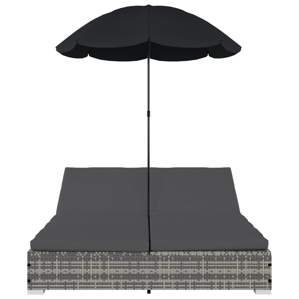 Loungebed met parasol poly rattan grijs