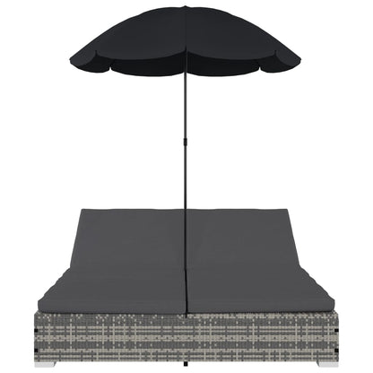 Loungebed met parasol poly rattan grijs