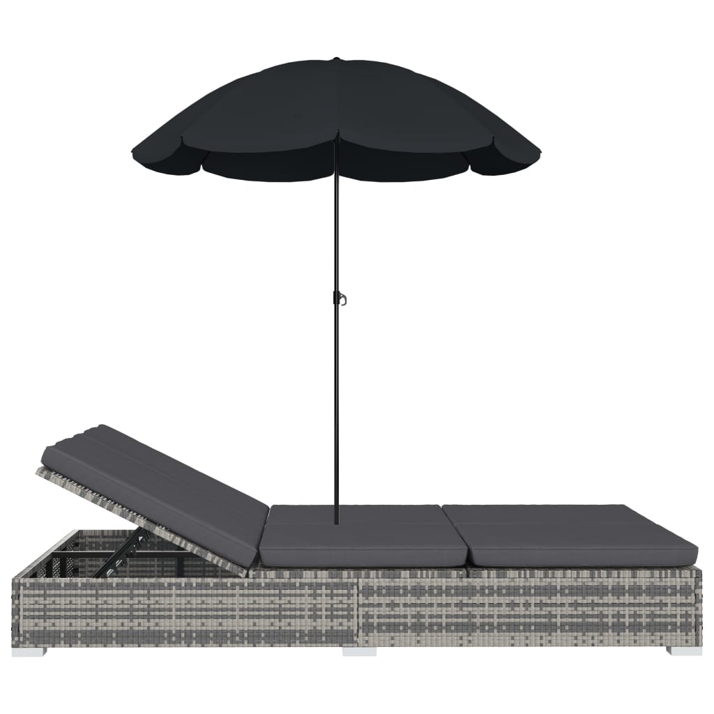 Loungebed met parasol poly rattan grijs