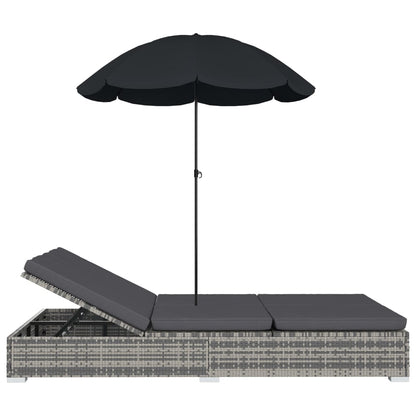 Loungebed met parasol poly rattan grijs