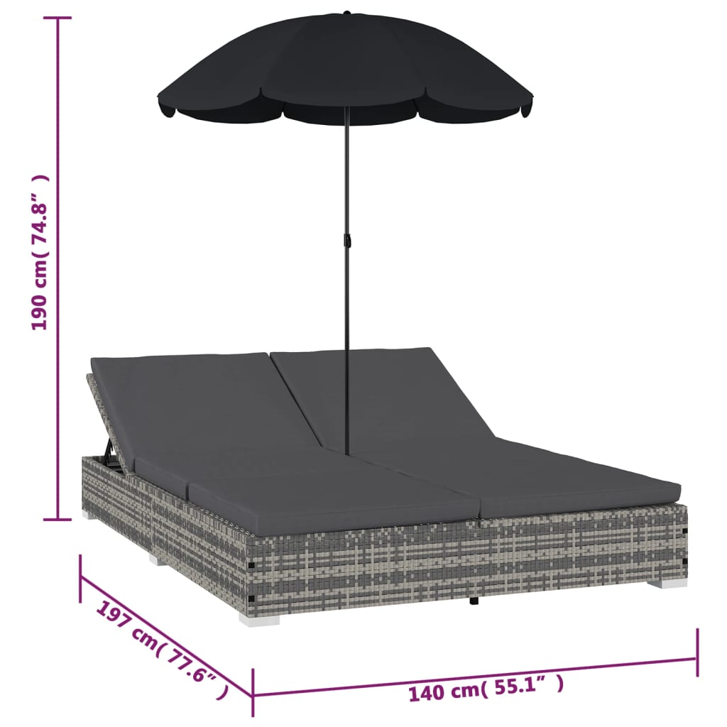 Loungebed met parasol poly rattan grijs