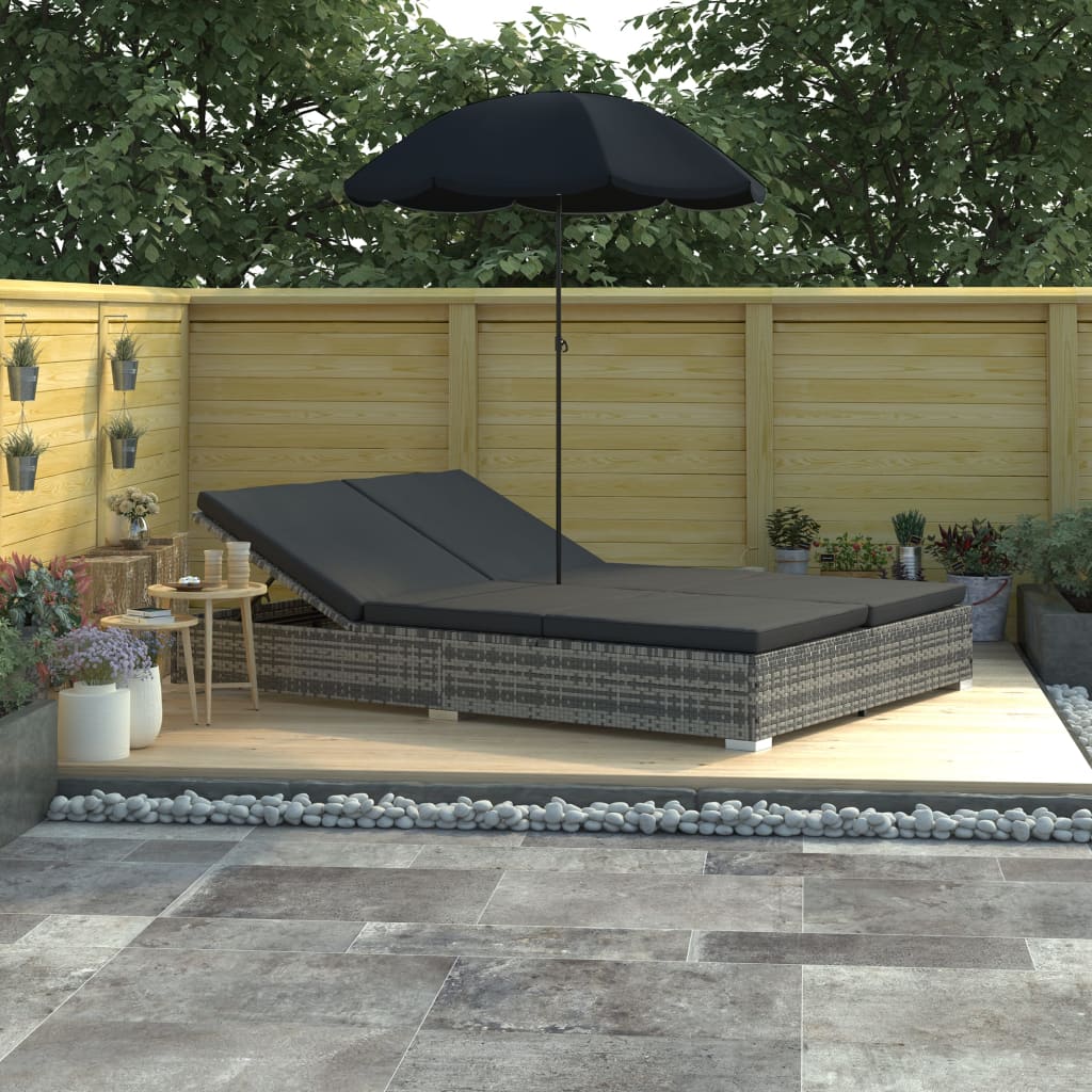 Loungebed met parasol poly rattan grijs