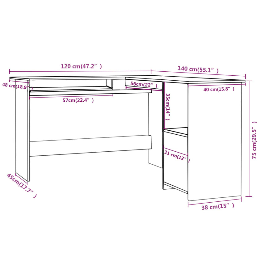 Hoekbureau L-Vormig 120X140X75Cm Bewerkt Hout Kleur Sonoma eiken