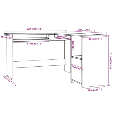 Hoekbureau L-vormig 120x140x75 cm bewerkt hout hoogglans grijs
