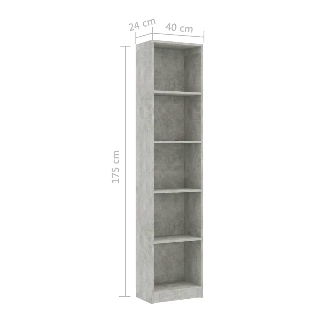 Boekenkast Met 5 Schappen Bewerkt Hout 40 x 24 x 175 cm Betongrijs
