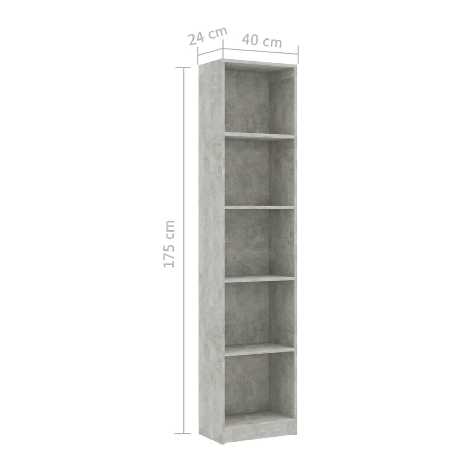 Boekenkast Met 5 Schappen Bewerkt Hout 40 x 24 x 175 cm Betongrijs