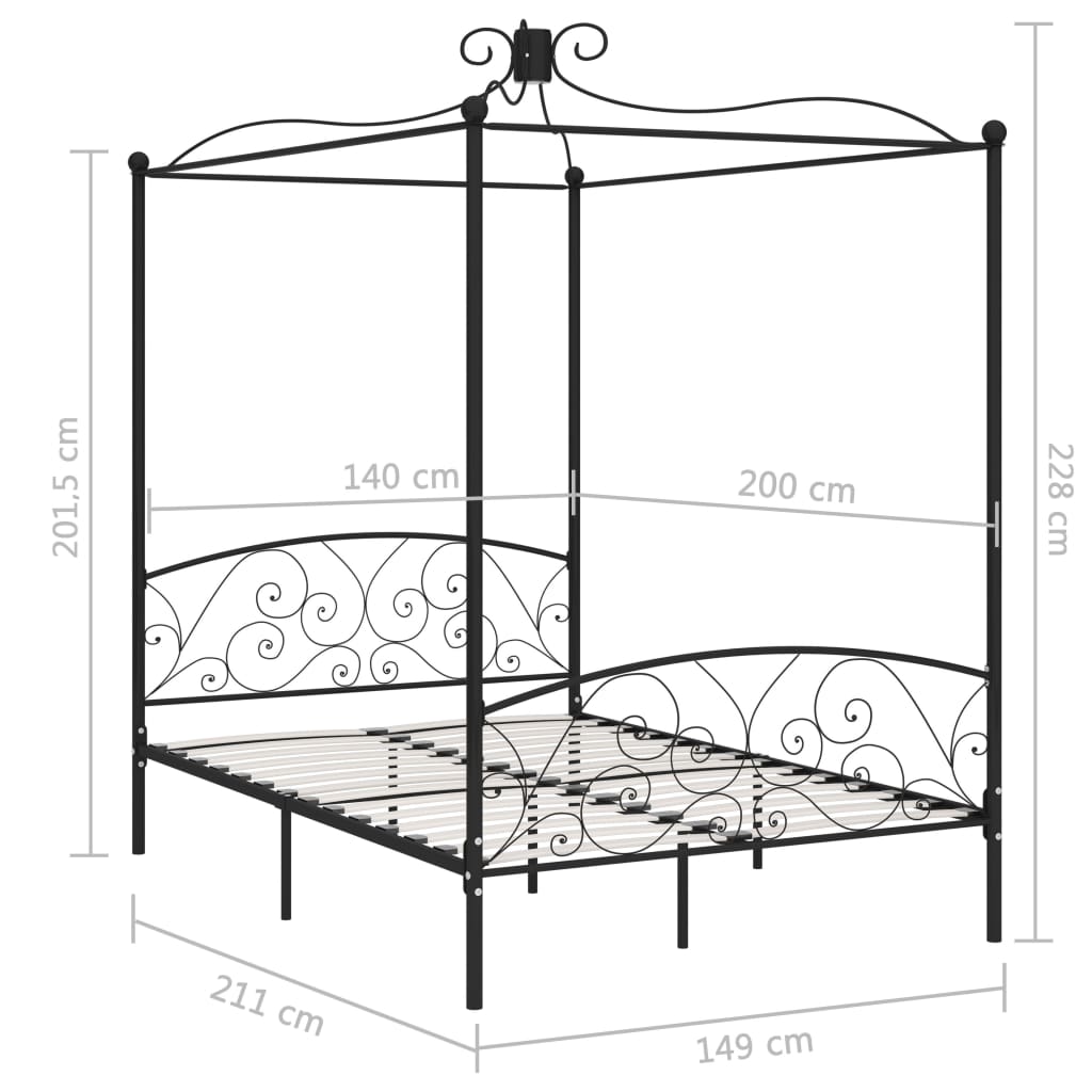 Hemelbedframe Metaal Zwart 140X200 Cm 140 x 200 cm