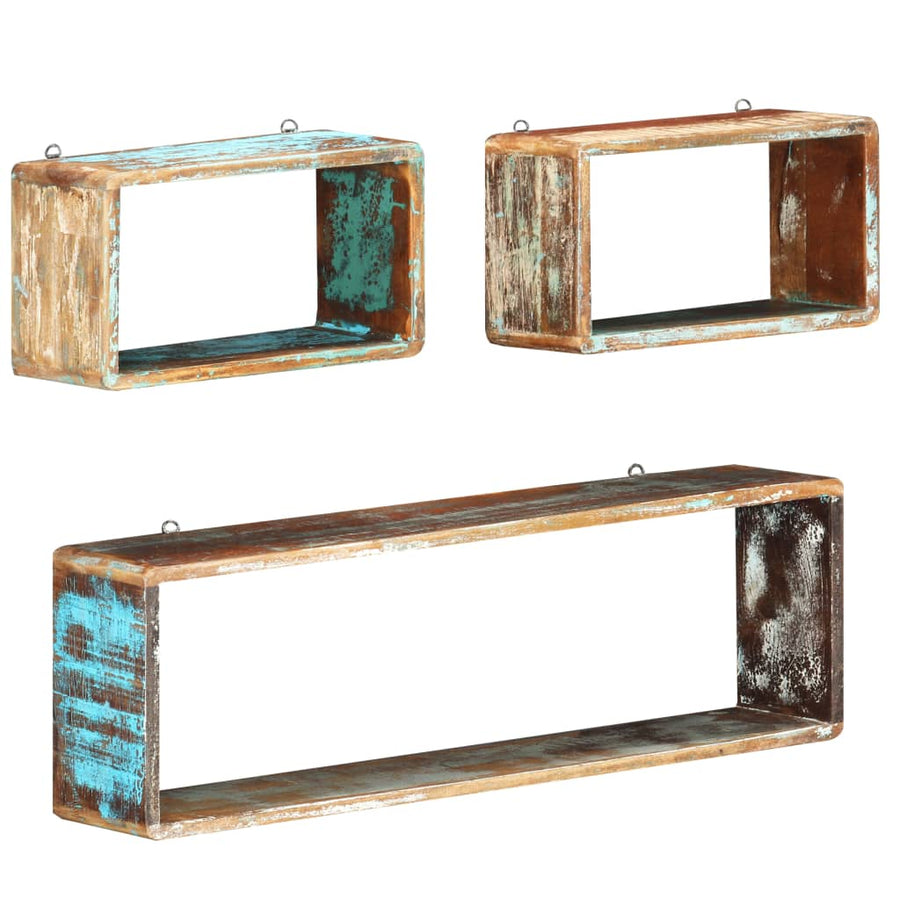 3-Delige Wandschappenset Kubus massief gerecycled hout