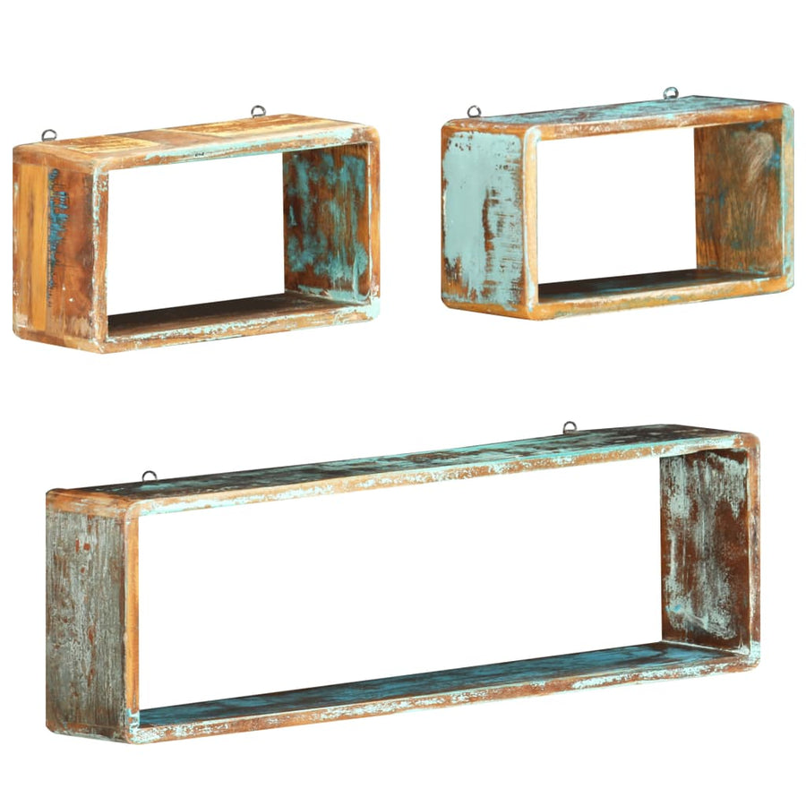 3-Delige Wandschappenset Kubus massief gerecycled hout