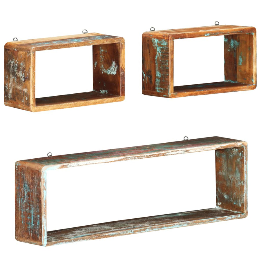 3-Delige Wandschappenset Kubus massief gerecycled hout