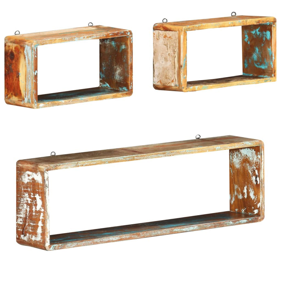3-Delige Wandschappenset Kubus massief gerecycled hout