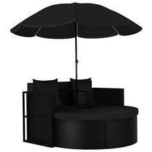 Tuinbed met parasol poly rattan zwart