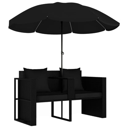 Tuinbed met parasol poly rattan zwart