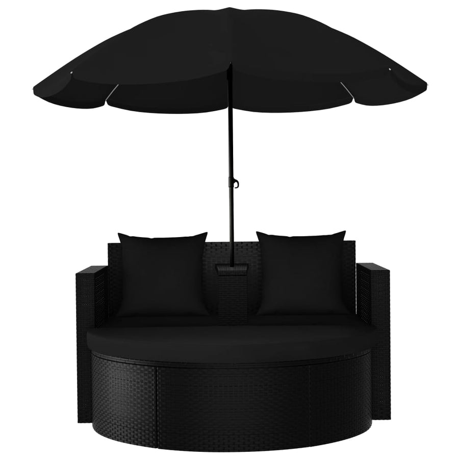 Tuinbed met parasol poly rattan zwart