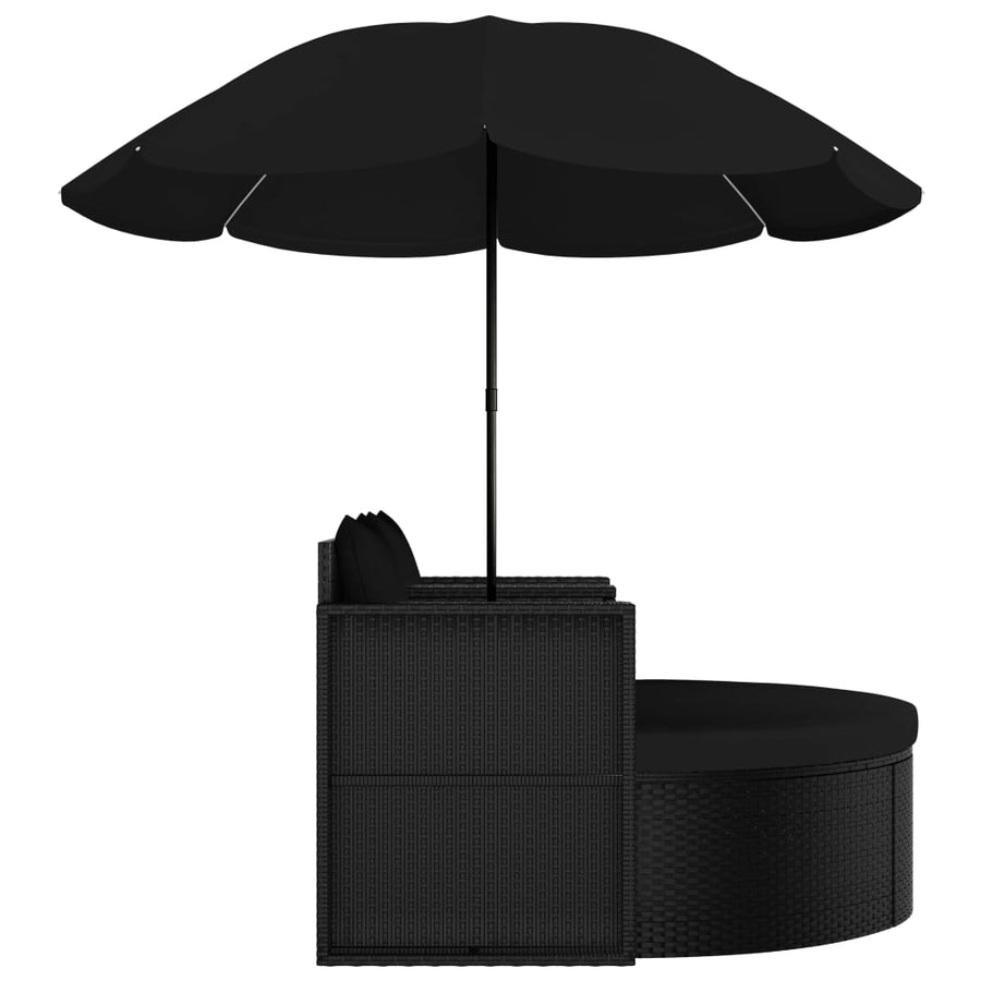 Tuinbed met parasol poly rattan zwart