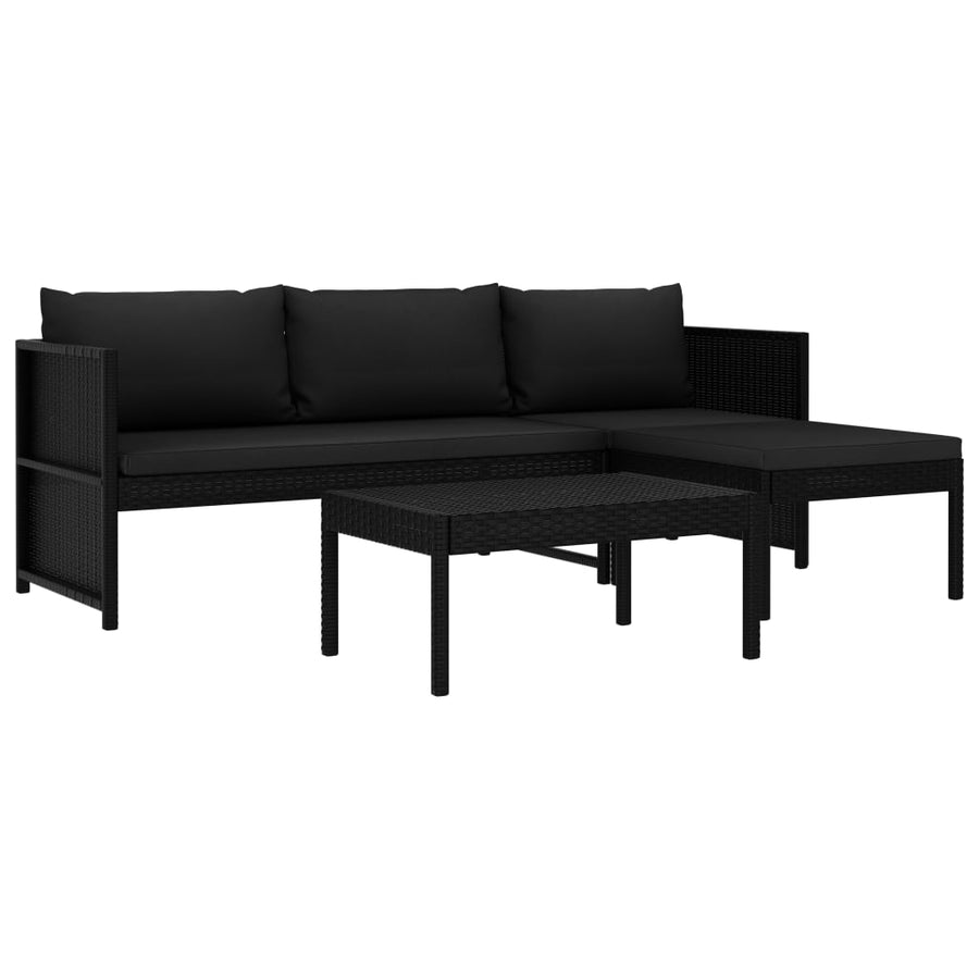 3-delige Loungeset met kussens poly rattan zwart