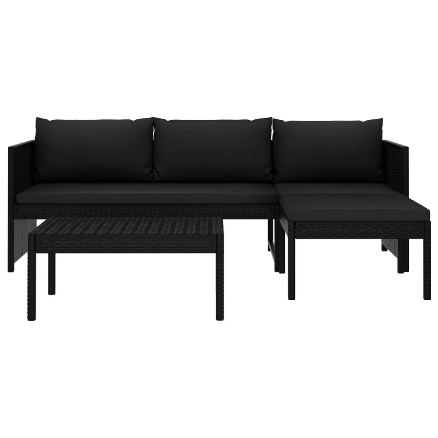 3-delige Loungeset met kussens poly rattan zwart