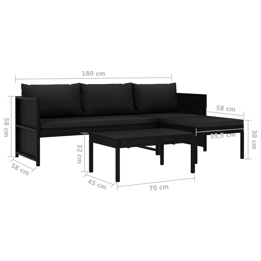 3-delige Loungeset met kussens poly rattan zwart