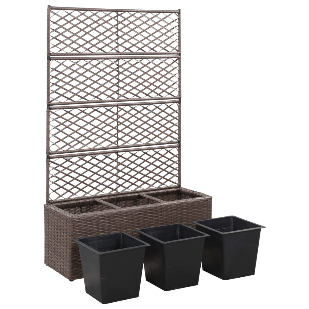 Latwerkplantenbak verhoogd met potten 83x30x130 cm rattan bruin