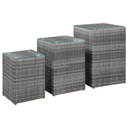 Bijzettafelset 3-delig poly rattan grijs glazen blad