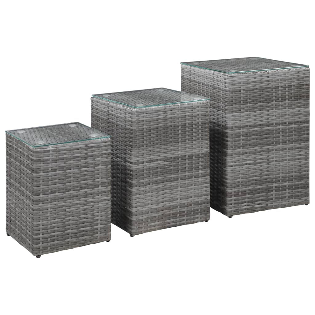 -Delige Bijzettafelset Met Glazen Blad Poly Rattan 3 Grijs