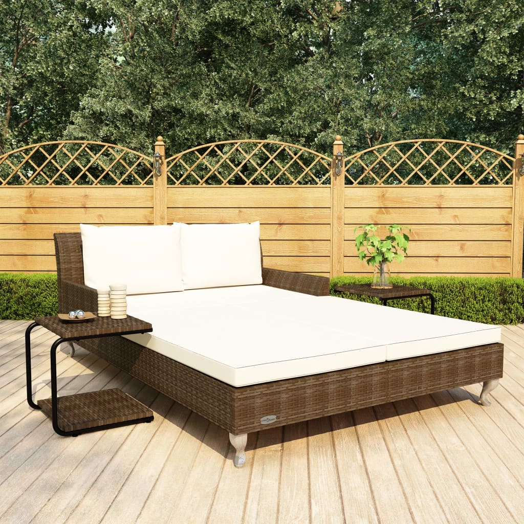 Ligbed Met Kussens 2-Persoons Poly Rattan Bruin