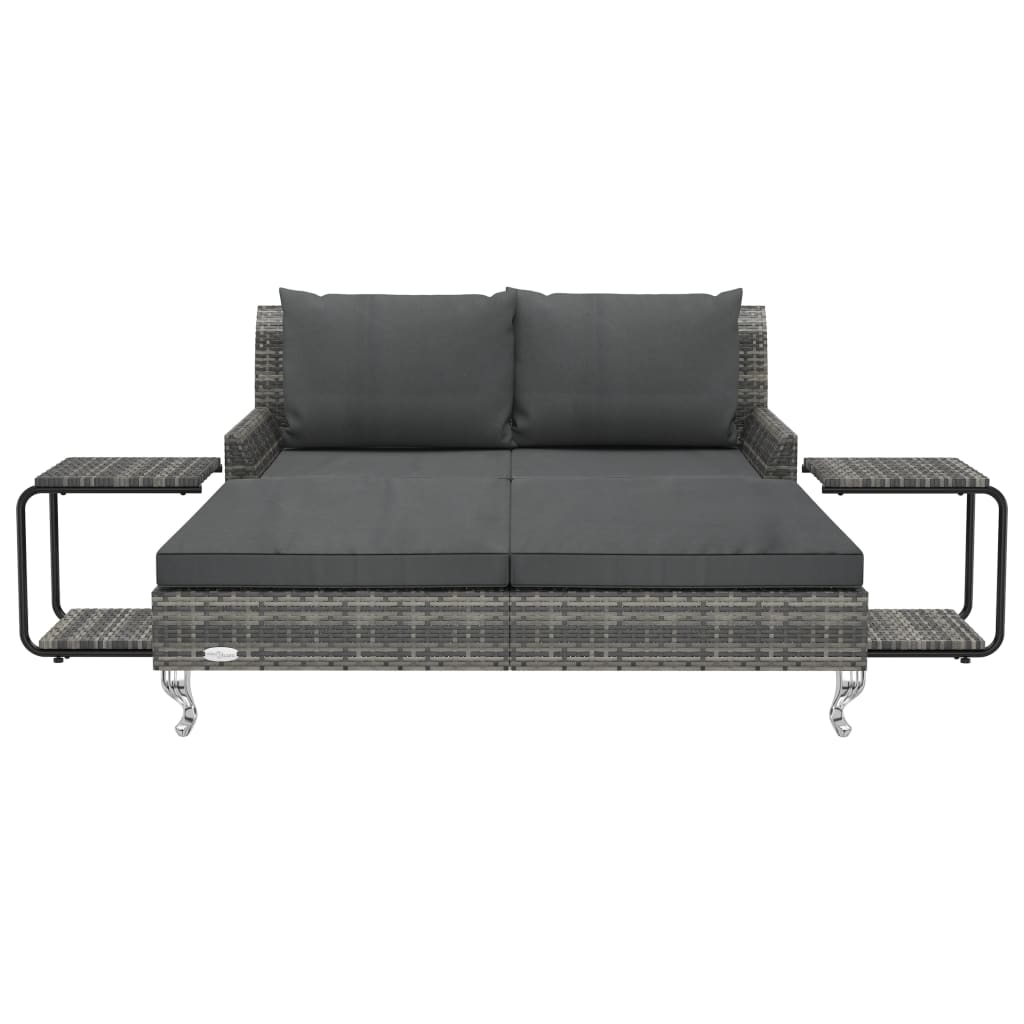 Ligbed met kussens 2-persoons poly rattan grijs