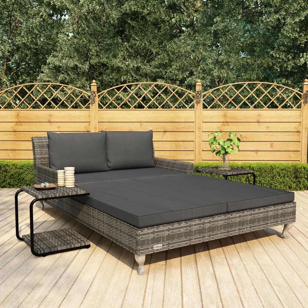 Ligbed met kussens 2-persoons poly rattan grijs