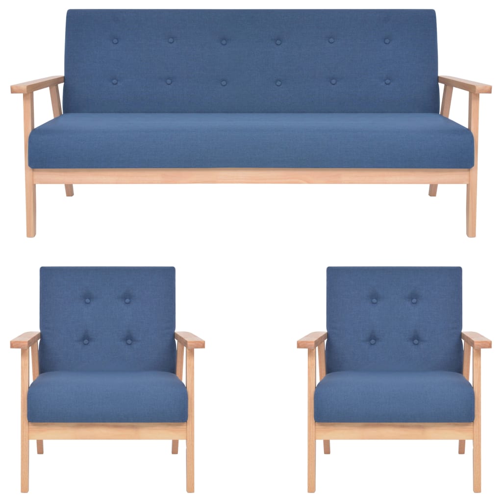 3-Delig Bankstel Stof Blauw 2 x fauteuils + driezitsbank