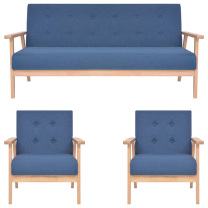 3-Delig Bankstel Stof Blauw 2 x fauteuils + driezitsbank