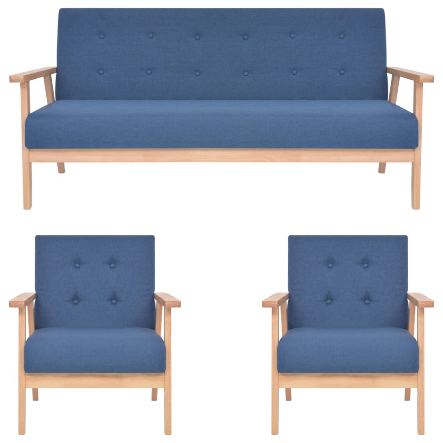3-Delig Bankstel Stof Blauw 2 x fauteuils + driezitsbank