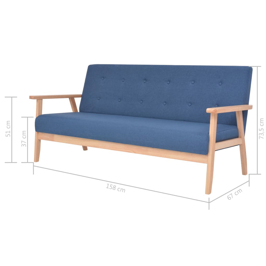 3-Delig Bankstel Stof Blauw 2 x fauteuils + driezitsbank