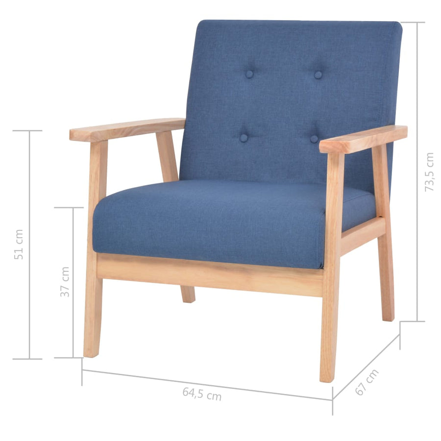 3-Delig Bankstel Stof Blauw 2 x fauteuils + driezitsbank