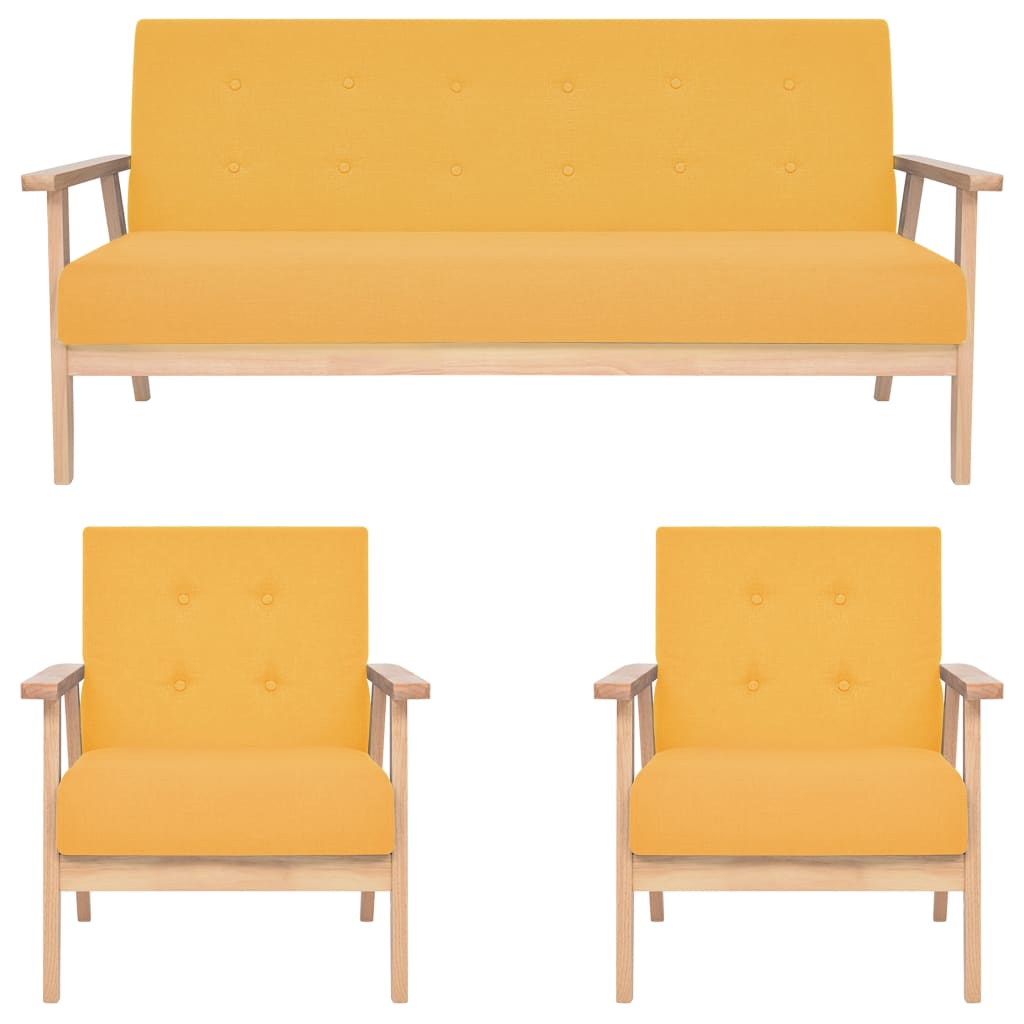 3-Delig Bankstel Stof Geel 2 x fauteuils + driezitsbank