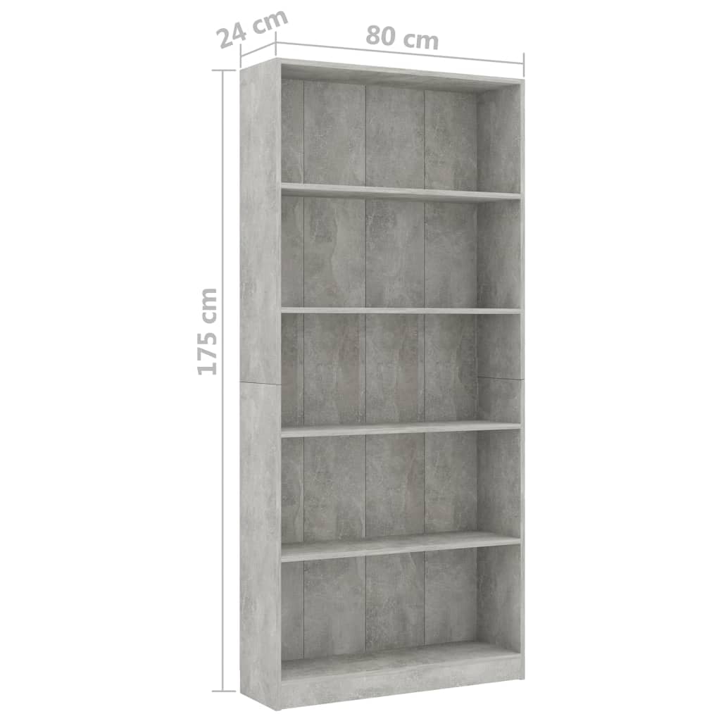 Boekenkast Met 5 Schappen Bewerkt Hout 80 x 24 x 175 cm Betongrijs